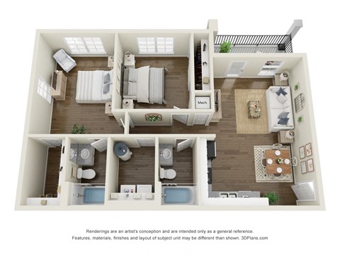 Floor plan for 2 beds, 2 baths, 984 sqft